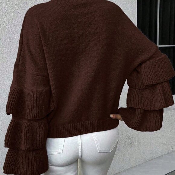 Coffee Brown Casual Women's Loose Sweater with Ruffle Hem and Drop Shoulder - Picture 2 of 6